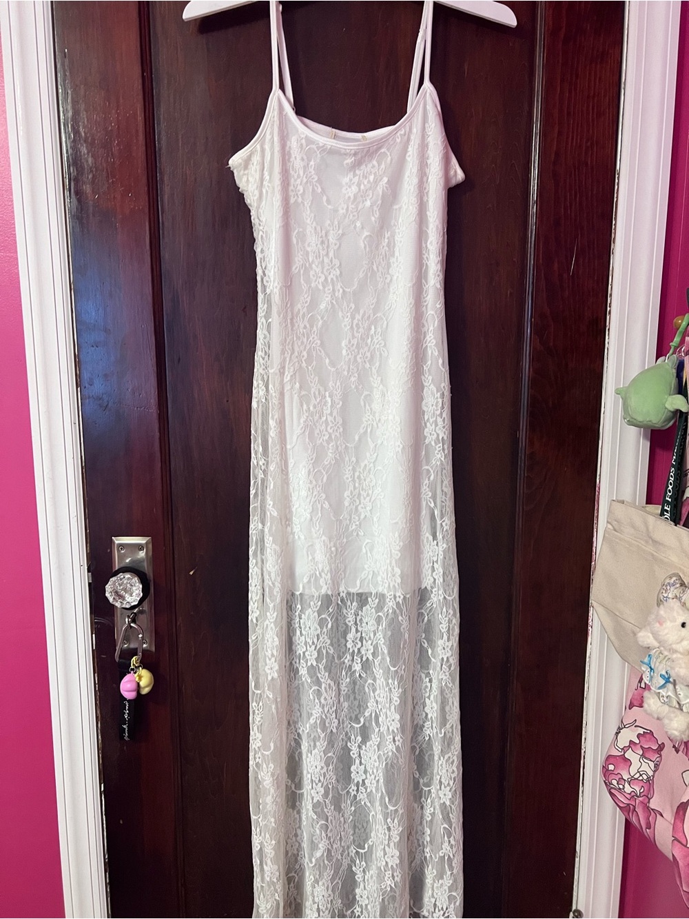 White Lace Slip Dress with Sheer Overlay